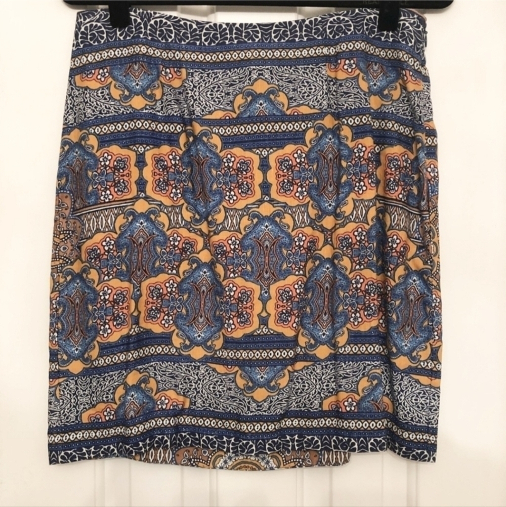 Tommy Bahama Blue Gold Printed Skirt Women's Size 14 Linen Blend Lightweight EUC